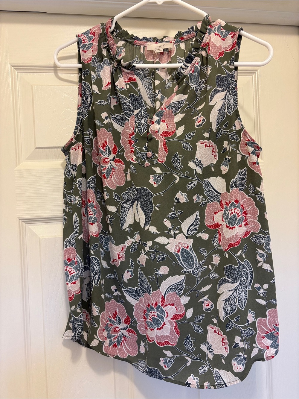 LOFT Olive Floral Sleeveless Camisole with Pink & Navy Accents
